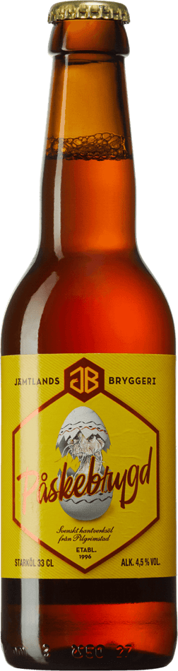 En glasflaska med Jämtlands Påskebrygd, ett ale från Sverige