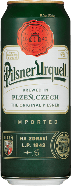 En burk med Pilsner Urquell, ett ljus lager från Tjeckien