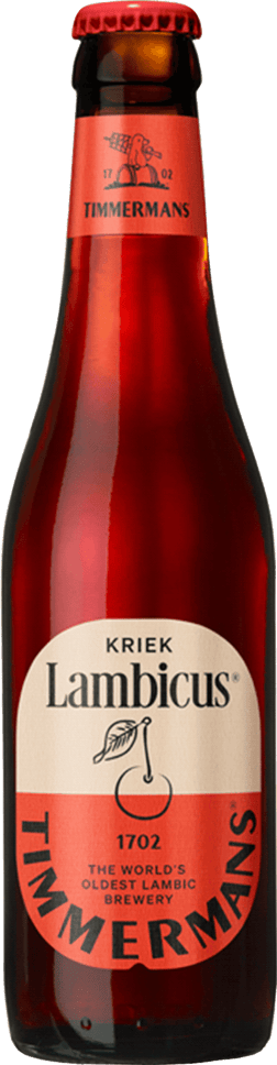 En glasflaska med Timmermans Kriek Lambicus, en syrlig öl från Belgien