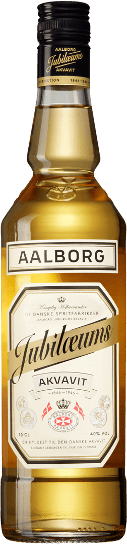 En glasflaska med Aalborg Jubilæums Akvavit, ett akvavit från Internationellt märke