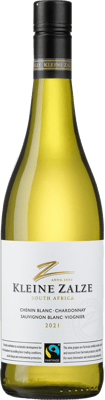 En lättare glasflaska med Kleine Zalze Cellar Selection Fairtrade White Blend 2021, ett vitt vin från Western Cape i Sydafrika