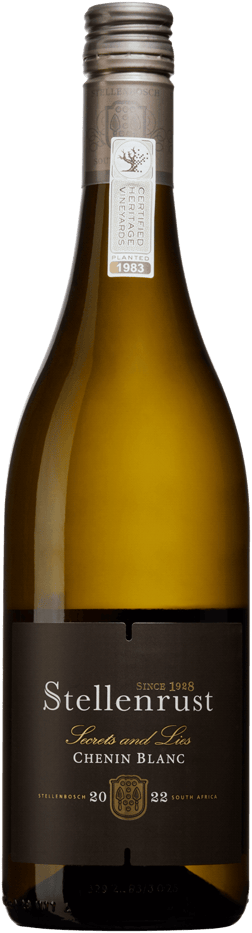 En glasflaska med Stellenrust Secrets & Lies Chenin Blanc 2022, ett vitt vin från Western Cape i Sydafrika