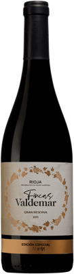 En lättare glasflaska med Fincas Valdemar Gran Reserva Edición Especial, ett rött vin från Rioja i Spanien