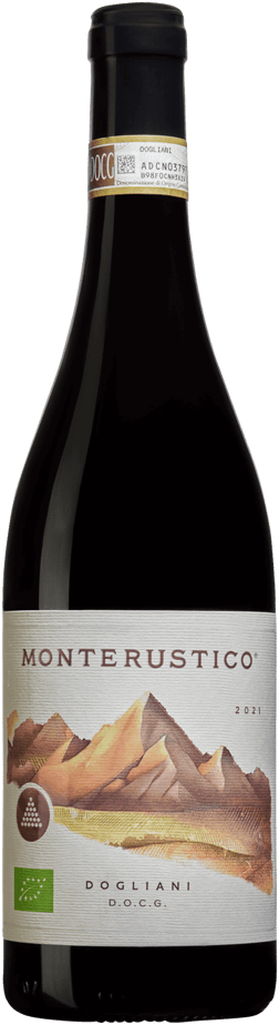 En glasflaska med Monterustico Dogliani 2021, ett rött vin från Piemonte i Italien