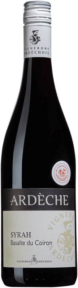 En glasflaska med Vignerons Ardèchois Basalte du Coiron Syrah 2022, ett rött vin från Rhonedalen i Frankrike