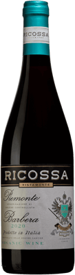 En lättare glasflaska med Ricossa Vistamonte Barbera Organic 2020, ett rött vin från Piemonte i Italien