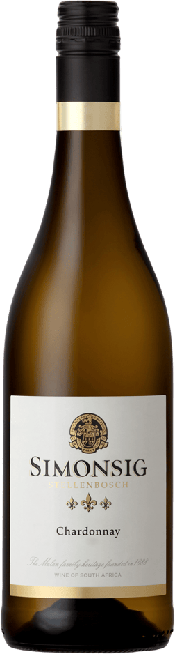 En lättare glasflaska med Simonsig Chardonnay 2022, ett vitt vin från Western Cape i Sydafrika