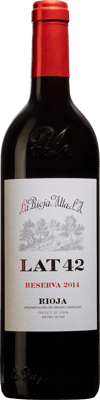 En glasflaska med Lat 42 Reserva, ett rött vin från Rioja i Spanien