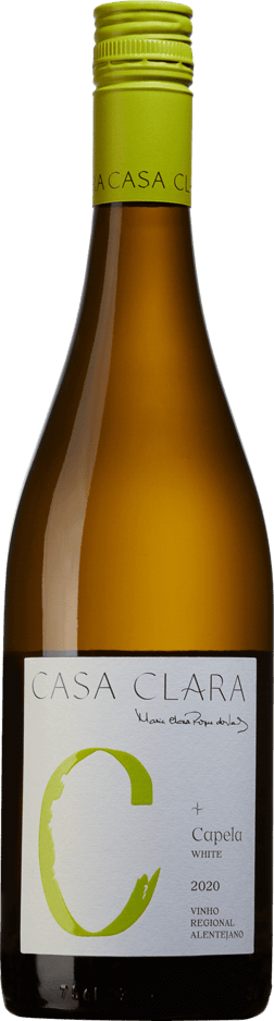 En lättare glasflaska med Casa Clara Capela, ett vitt vin från Alentejo i Portugal