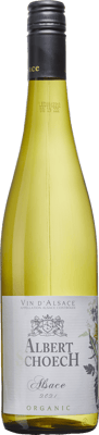 En flaska med Albert Schoech Alsace 2019, ett vitt vin från Alsace i Frankrike