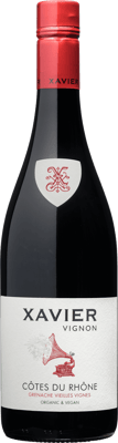 En lättare glasflaska med Xavier Vignon Côtes-du-Rhône Grenache Vieilles Vignes Organic, ett rött vin från Rhonedalen i Frankrike