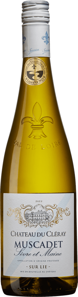 En glasflaska med Château du Cléray Muscadet Sèvre et Maine sur Lie 2022, ett vitt vin från Loiredalen i Frankrike