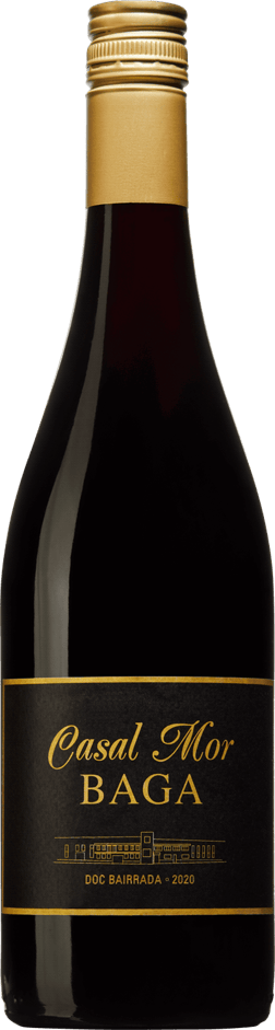 En lättare glasflaska med Casal Mor Baga 2020, ett rött vin från Bairrada i Portugal