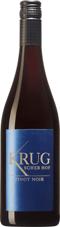 En lättare glasflaska med Krugscher Hof Pinot Noir 2019, ett rött vin från Rheinhessen i Tyskland
