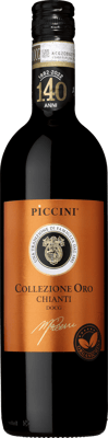 En lättare glasflaska med Piccini Collezione Oro Chianti Organic, ett rött vin från Toscana i Italien