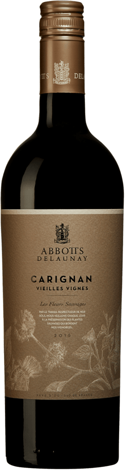 En lättare glasflaska med Abbotts & Delaunay Carignan Vielles Vignes 2021, ett rött vin från Languedoc-Roussillon i Frankrike