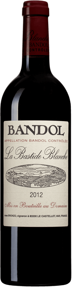 En glasflaska med La Bastide Blanche 2020, ett rött vin från Provence i Frankrike