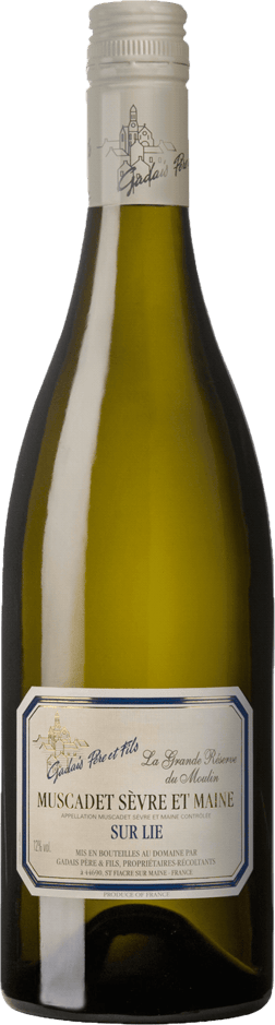 En lättare glasflaska med Gadais Père & Fils Muscadet Sèvre et Maine sur lie 2022, ett vitt vin från Loiredalen i Frankrike