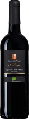 En lättare glasflaska med Domaine de Calet Alva 2019, ett rött vin från Rhonedalen i Frankrike