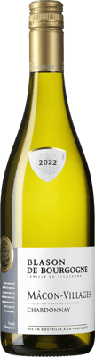 En lättare glasflaska med Blason de Bourgogne Mâcon-Villages, ett vitt vin från Bourgogne i Frankrike