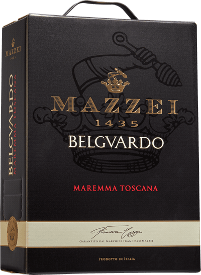 En box med Belguardo Maremma Marchesi Mazzei 2022, ett rött vin från Toscana i Italien