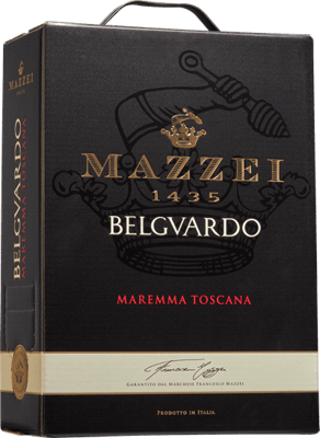 En box med Belguardo Maremma Marchesi Mazzei 2020, ett rött vin från Toscana i Italien