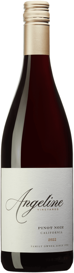 En glasflaska med Angeline California Pinot Noir 2022, ett rött vin från Kalifornien i USA