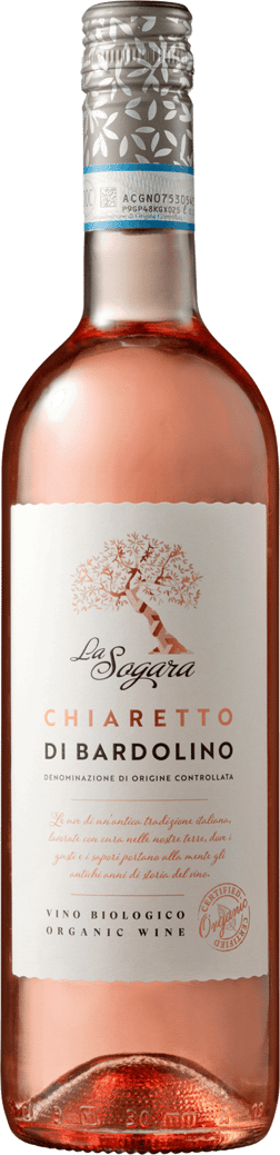 En lättare glasflaska med Cottini Bardolino Chiaretto La Sogara Rosé 2022, ett rosévin från Venetien i Italien