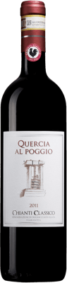 En glasflaska med Quercia al Poggio 2017, ett rött vin från Toscana i Italien