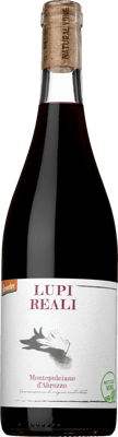 En lättare glasflaska med Lupi Reali, ett rött vin från Abruzzerna i Italien