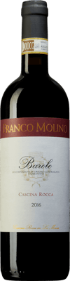 En glasflaska med Franco Molino Barolo Cascina Rocca 2017, ett rött vin från Piemonte i Italien
