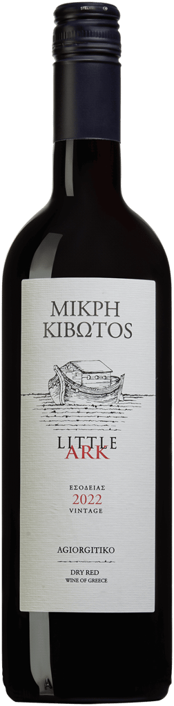 En lättare glasflaska med Little Ark Agiorgitiko 2022, ett rött vin från Peloponnesos i Grekland