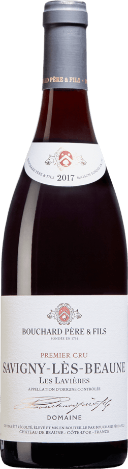 En glasflaska med Savigny-lès-Beaune Les Lavières Premier Cru 2020, ett rött vin från Bourgogne i Frankrike