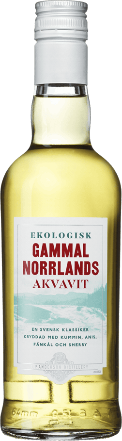 En glasflaska med Gammal Norrlands Akvavit, ett akvavit från Sverige