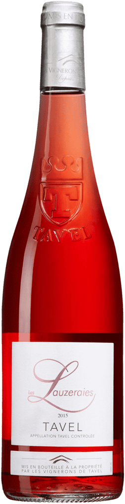 En glasflaska med Les Lauzeraies Tavel 2022, ett rosévin från Rhonedalen i Frankrike