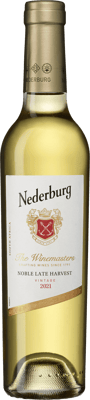 En glasflaska med Nederburg Noble Late Harvest, ett vitt vin från Western Cape i Sydafrika