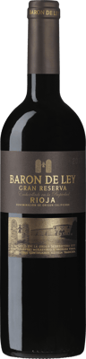 En glasflaska med Baron de Ley Gran Reserva 2015, ett rött vin från Rioja i Spanien