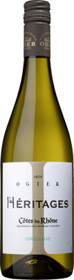 En lättare glasflaska med Héritages Côtes du Rhône Blanc Ogier 2019, ett vitt vin från Rhonedalen i Frankrike