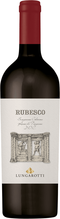 En lättare glasflaska med Lungarotti Rubesco 2020, Italien, Umbrien, Nr 2942, 129 kr, ett rött vin från Umbrien i Italien