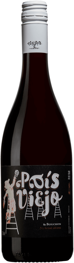En lättare glasflaska med Bouchon País Viejo 2022, ett rött vin från Valle Central i Chile