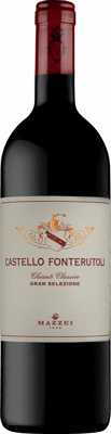 En glasflaska med Castello Fonterutoli 2017, ett rött vin från Toscana i Italien