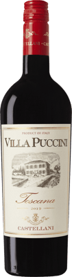 En flaska med Villa Puccini 2016, ett rött vin från Toscana i Italien
