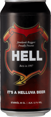 En burk med Jämtlands Bryggeri Hell, en ljus lager från Jämtlands län i Sverige