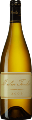 En glasflaska med Moulin Touchais 2002, ett vitt vin från Loiredalen i Frankrike