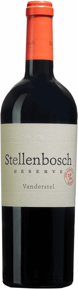 En glasflaska med Stellenbosch Reserve Vanderstel 2021, ett rött vin från Western Cape i Sydafrika