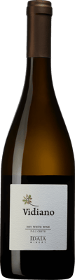 En glasflaska med Idaia Winery Vidiano 2021, ett vitt vin från Kreta i Grekland
