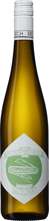 En glasflaska med Peter &#038; Paul Grüner Veltliner, ett vitt vin från Niederösterreich i Österrike
