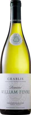 En glasflaska med Chablis Domaine Chablis, William Fevre 2018, ett vitt vin från Bourgogne i Frankrike