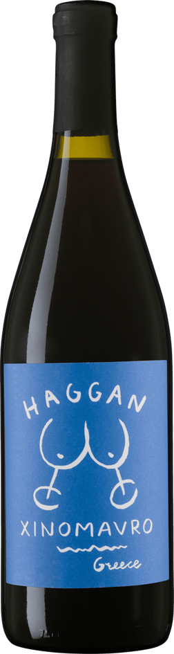 En glasflaska med Haggan Xinomavro 2021, ett rött vin från Makedonien i Grekland