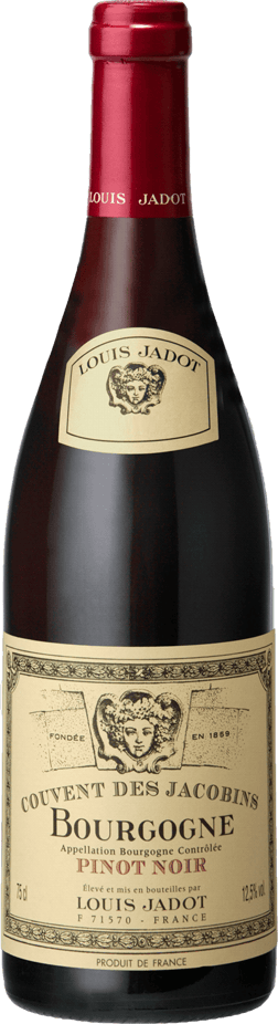 En glasflaska med Couvent des Jacobins Bourgogne Rouge 2022, ett rött vin från Bourgogne i Frankrike